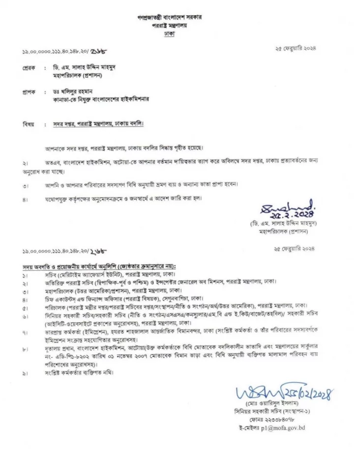 বাংলাদেশের রাষ্ট্রদূত খলিলুর রহমানকে অব্যাহতি